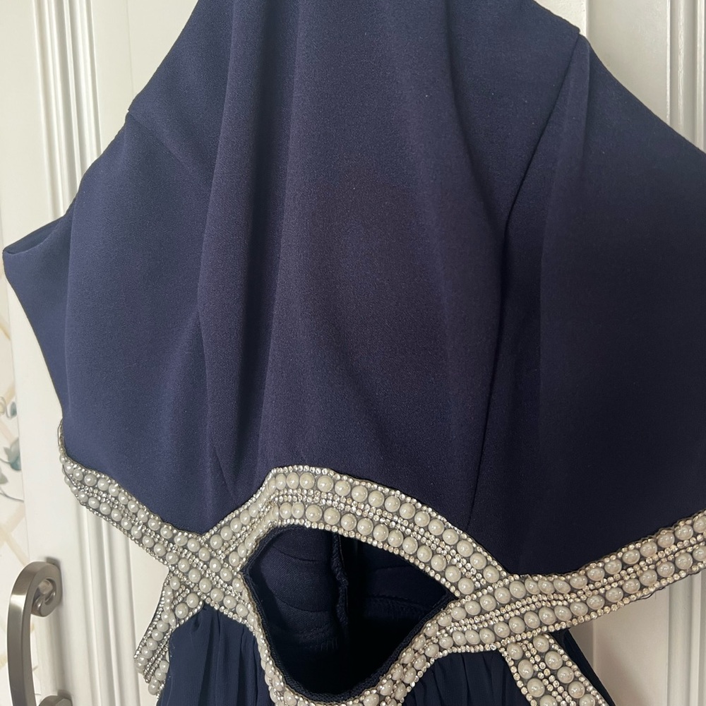 CLEARANCE Women’s Size 3 Navy Blue Full Length Cut Out Prom Dress W Faux Pearls - Picture 9 of 15
